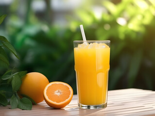 Fototapeta premium A Glass of orange juice with slice of orange, Refreshing and healthy orange juice ice in a glass with summer background, orange juice photo