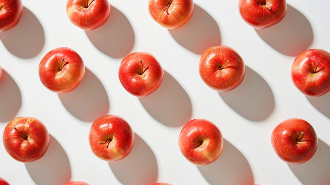 Patterned arrangement of red apples casting shadows. Generative AI image