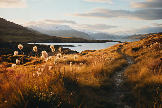 Sunset over a serene mountain path and distant lake. Generative AI image - Powered by Adobe