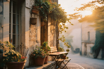 Misty morning in a quaint European village street. Generative AI image