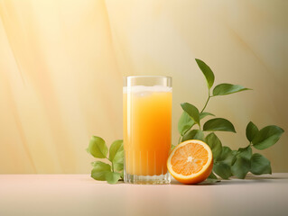 Fototapeta premium A Glass of orange juice with slice of orange, Refreshing and healthy orange juice ice in a glass with summer background, orange juice photo