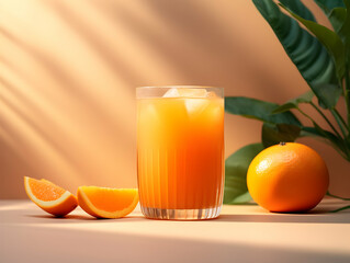 Fototapeta premium A Glass of orange juice with slice of orange, Refreshing and healthy orange juice ice in a glass with summer background, orange juice photo