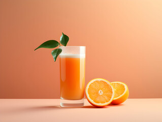 Fototapeta premium A Glass of orange juice with slice of orange, Refreshing and healthy orange juice ice in a glass with summer background, orange juice photo