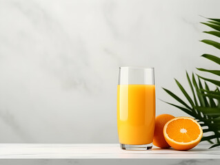 Fototapeta premium A Glass of orange juice with slice of orange, Refreshing and healthy orange juice ice in a glass with summer background, orange juice photo