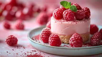 There is a delicious breakfast on a pink background, an elegant brunch, dessert and berries on a plate and a tasty dessert