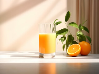 A Glass of orange juice with slice of orange, Refreshing and healthy orange juice ice in a glass with summer background, orange juice photo