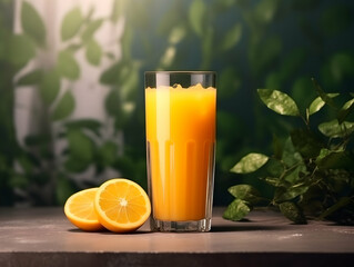 Fototapeta premium A Glass of orange juice with slice of orange, Refreshing and healthy orange juice ice in a glass with summer background, orange juice photo