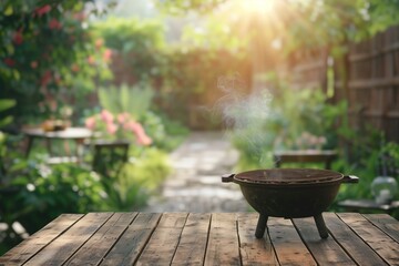 A backyard barbecue with a grill on a wooden table