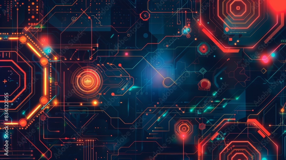 Poster a colorful, abstract image of electronic components and circuits