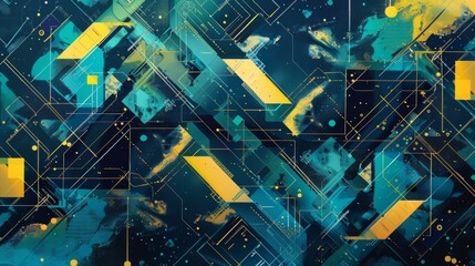 A colorful abstract painting with a lot of yellow and blue shapes