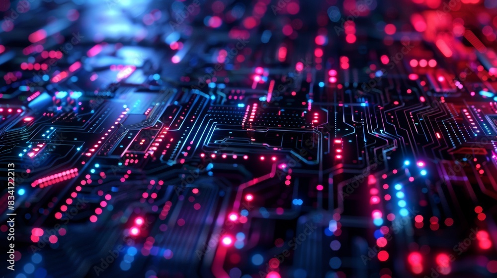 Poster a computer chip with many small red and blue dots