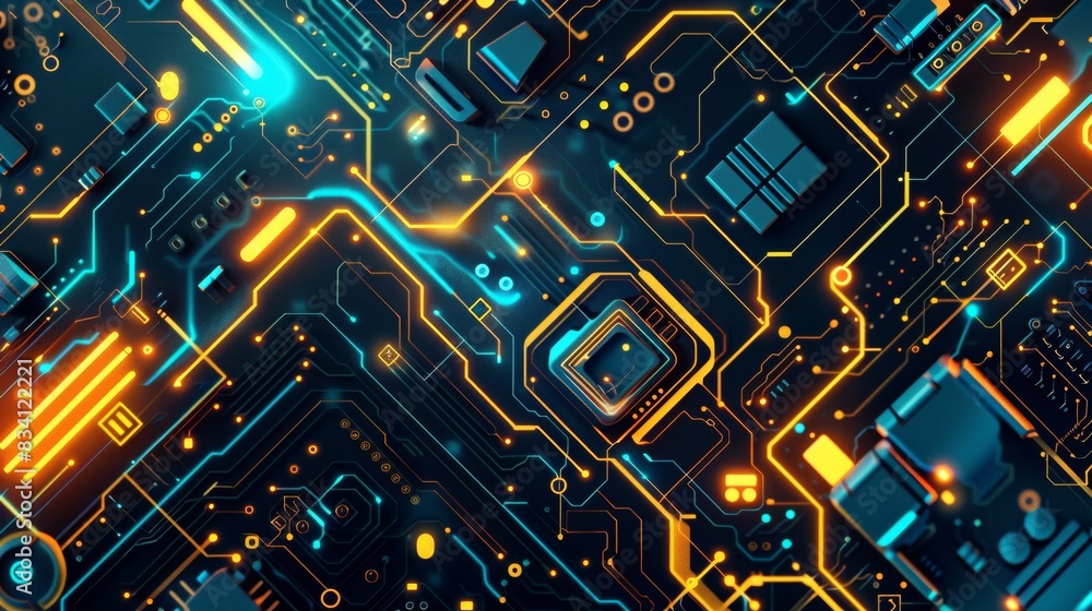 Poster a computer chip with many different colored squares and lines