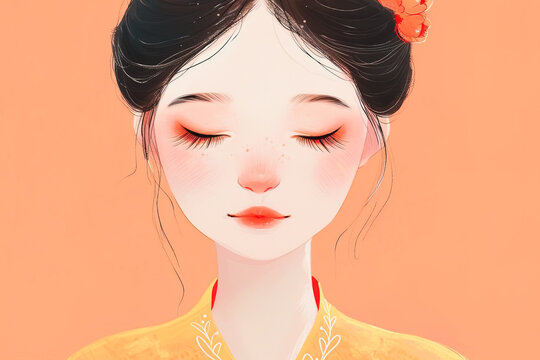 Serene animated portrait of a young woman in yellow. Generative AI image