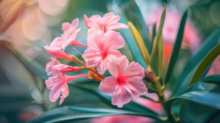 Fototapeta premium Blooming Pink Oleander or Nerium Oleander Flowers in Spring