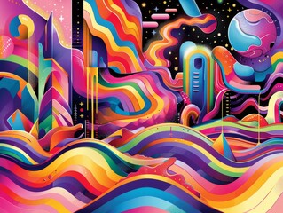 Obraz premium Colorful 3D illustration of psychedelic 70s artwork, with vibrant geometric shapes, fluid lines, and vibrant color schemes inspired by the era's psychedelic art scene, formatted in a classic 4:3