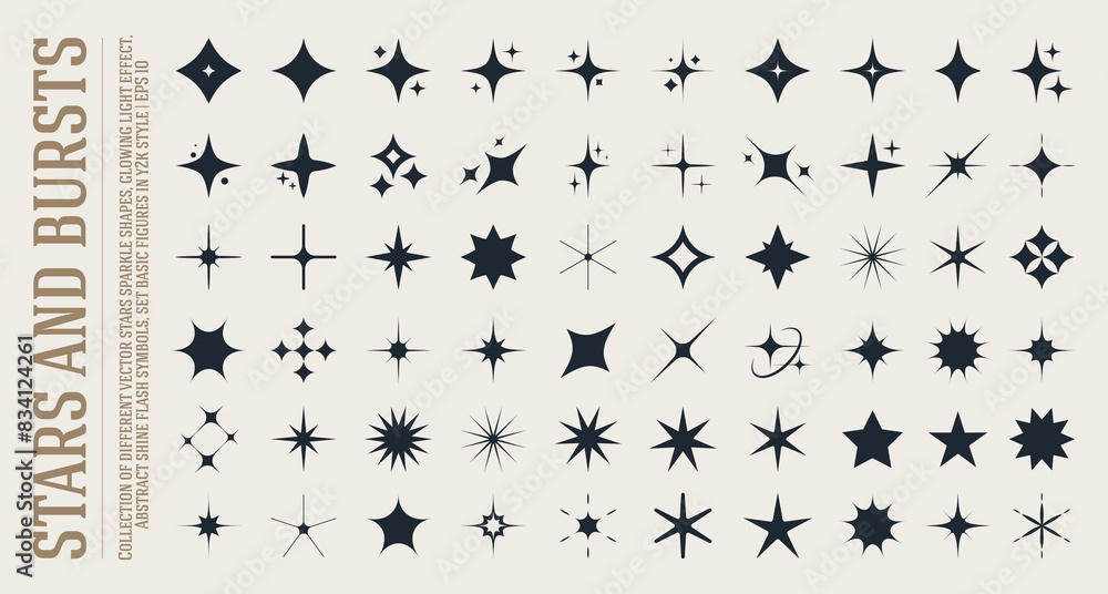 Aufkleber collection of different vector sparkling stars, abstract shining flash symbols, decorative twinkle a