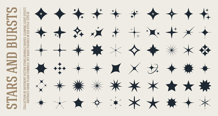 Collection of different vector sparkling stars, abstract shining flash symbols, decorative twinkle and bursts forms, glowing light effect, y2k style basic shapes set, geometric graphic elements