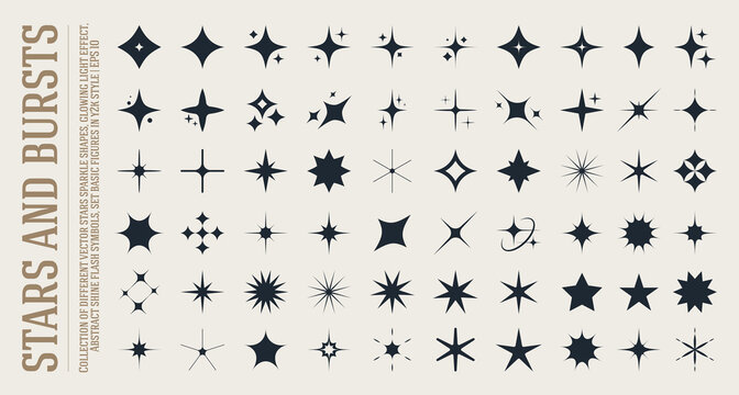 Collection of different vector sparkling stars, abstract shining flash symbols, decorative twinkle and bursts forms, glowing light effect, y2k style basic shapes set, geometric graphic elements