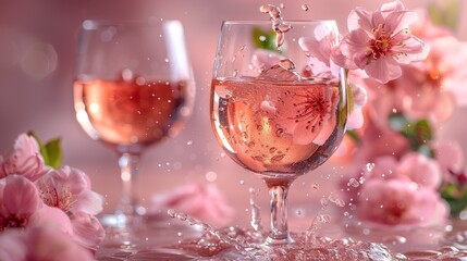 There is a glass of wine and flowers on a pink background, with liquid splashing from the drink
