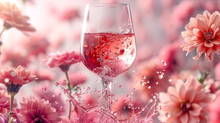 Drink with liquid splashing out of glass of wine and flowers on pink background