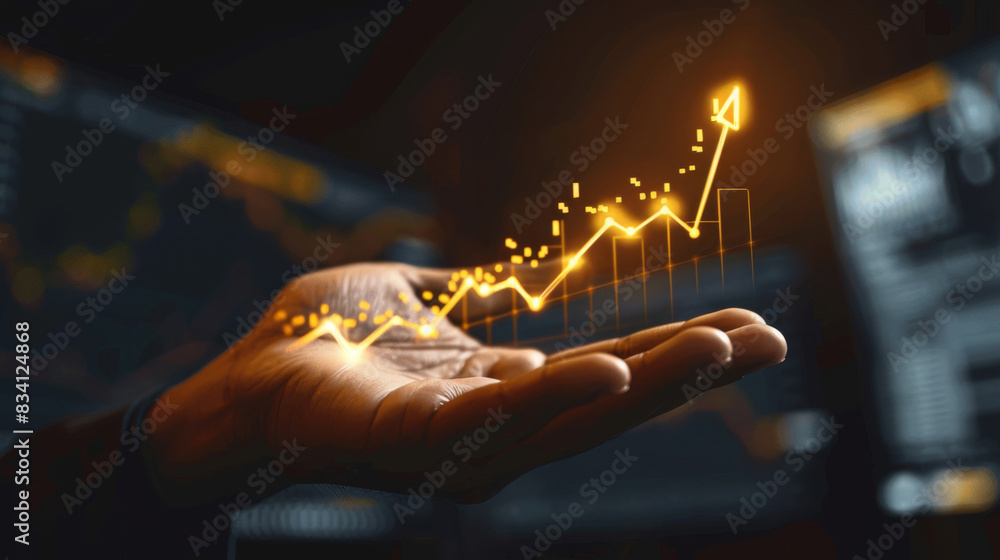 Poster close-up of an open hand displaying a glowing, upward-trending digital graph, symbolizing growth and