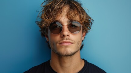 Blue background with sunglasses and black t-shirt of a confident young man
