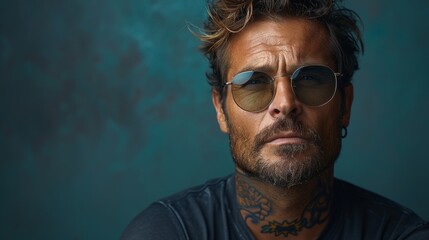 Fototapeta premium Black t-shirt with sunglasses on blue background of a confident young man