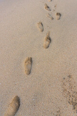 footprints on the beige sand, bordering the blue sea