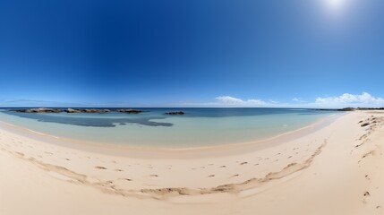 Panoramic View of a Tranquil Beach with Clear Blue Skies and Calm Waters