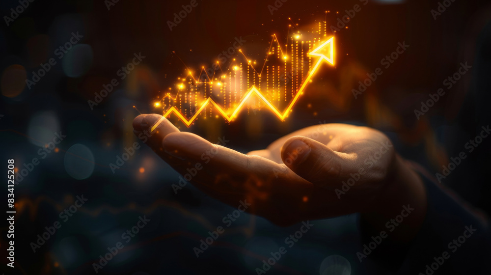 Poster Conceptual image of a hand with an illuminated upward arrow chart, symbolizing growth