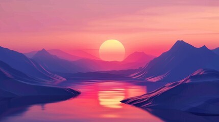 A beautiful sunset over a mountain range with a large sun in the sky