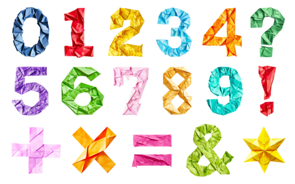 Colorful Paper Numbers Set Isolated on White and PNG Transparent Background