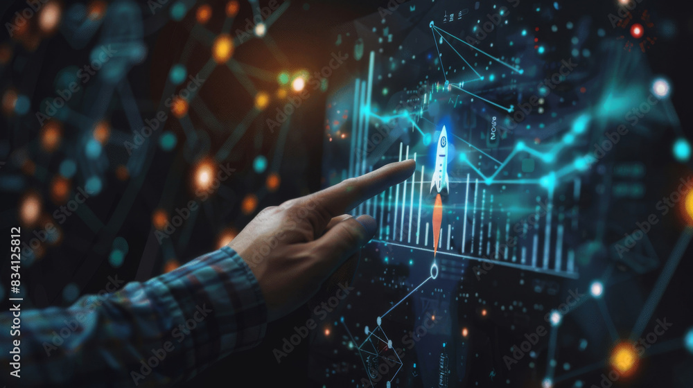 Poster person interacts with advanced holographic graphs and a rocket icon, symbolizing innovative tech