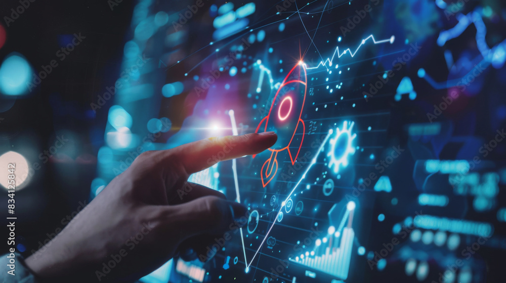 Fototapete Person engages with a high-tech digital interface displaying advanced data analytics