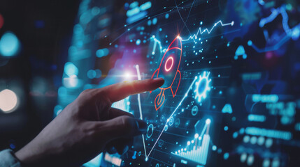 Person engages with a high-tech digital interface displaying advanced data analytics