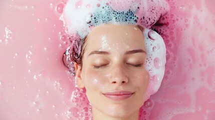 A woman is in a bathtub with pink water