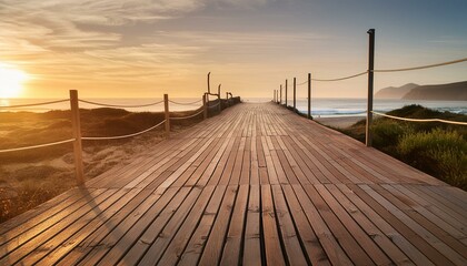 Empty wooden walkway on the ocean coast in the sunset time, pathway to beach
