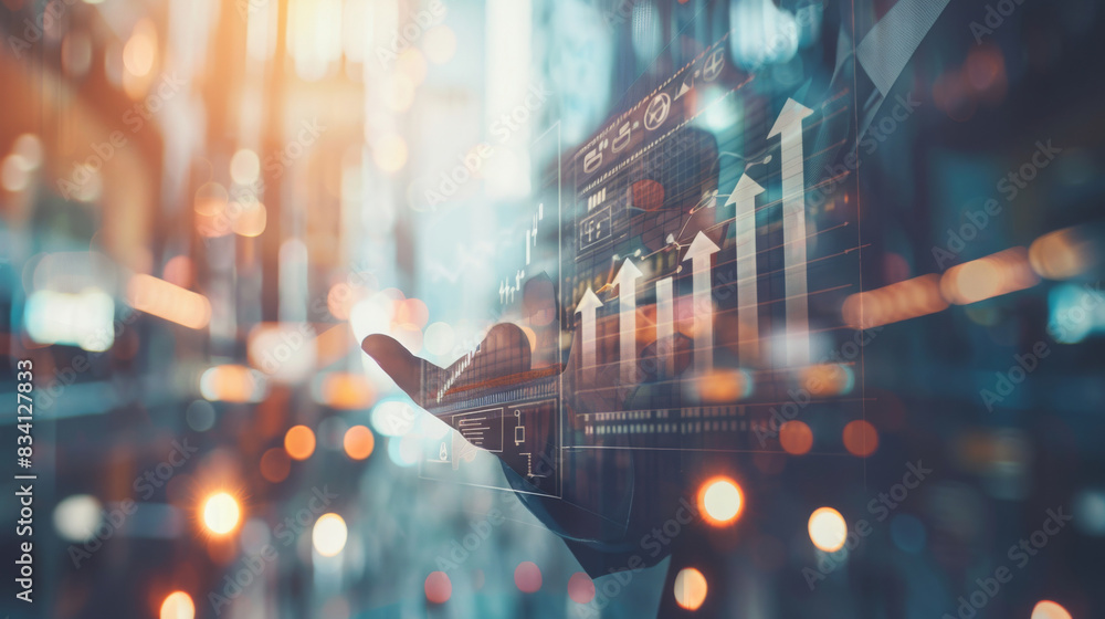 Poster Hand presenting growth charts on a futuristic digital interface with city backdrop