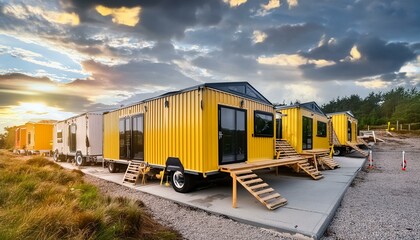 Obraz premium Mobile office buildings or container site office for construction site. Shipping container. Portable house and office cabins
