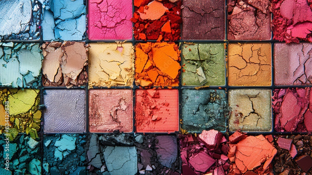 Poster close up of a multi colored eyeshadow palette showing rich hues and visible texture. generative ai