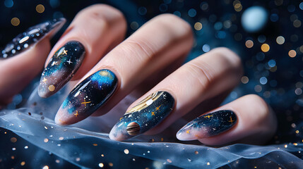 A close-up of nails featuring a galaxy theme with stars and planets, capturing the cosmic design, galaxy nails, hd, with copy space