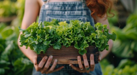 Fototapeta premium Person Holding Wooden Box Filled With Lettuce