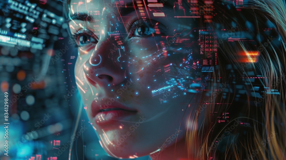 Poster a woman's face is shown in a computer generated image with a futuristic look