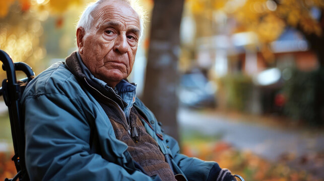 An older man with Down syndrome sits in a wheelchair outdoors