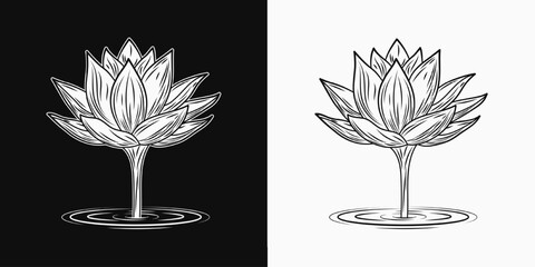 Blooming Lotus flower on stem rising from the water. Side view. Vintage illustration on black, white background. © OA_Creation