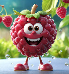 3D animated raspberry character standing among smaller raspberries with water droplets in the background, suitable for creative advertising or entertainment purposes.