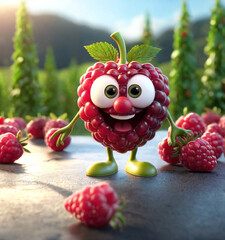 3D animated raspberry character standing among smaller raspberries with water droplets in the background, suitable for creative advertising or entertainment purposes.