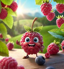 3D animated raspberry character standing among smaller raspberries with water droplets in the background, suitable for creative advertising or entertainment purposes.