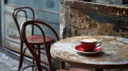 A red coffee cup sits on a table in front of a chair - Powered by Adobe