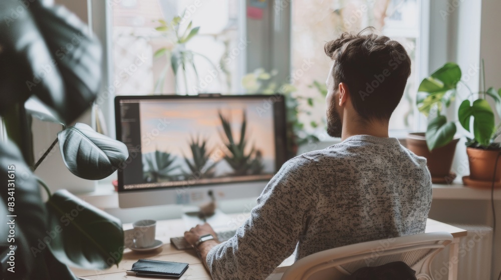 Poster a man is sitting at a desk with a computer monitor in front of him